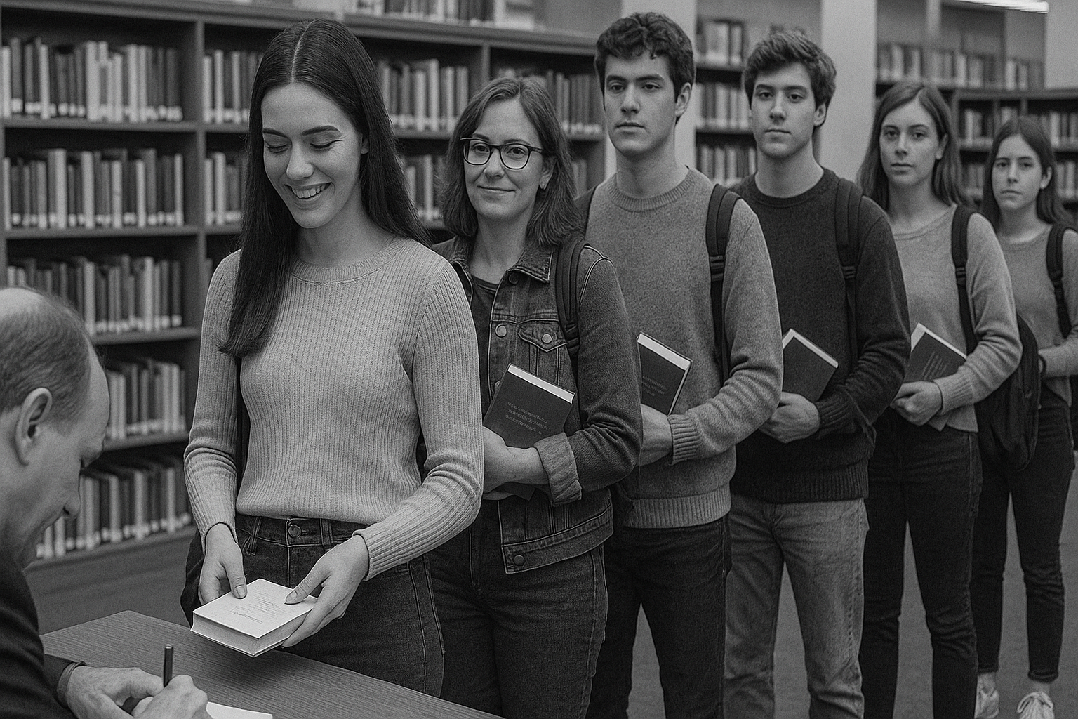 line of fans at a library getting their books autographed